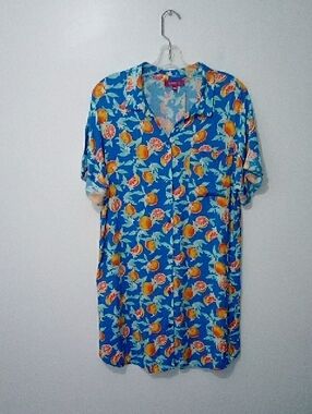 Carisma Blue Orange Print Fruit Print Button Down Short Sleeve Shirt Dress